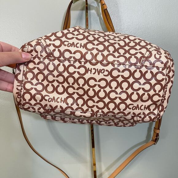 COACH Womens Satchel Shoulder Handbag Purse Signature Coated Canvas Brown Tan - Picture 7 of 16